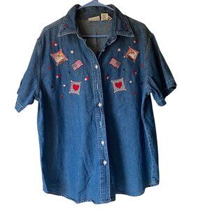 Quizz Woman 18/20 Denim Button-Up Shirt Patriotic American Flag Stars Eagle Plus